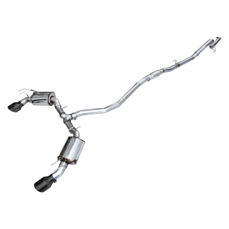 AWE Touring Edition catback exhaust system with T304L stainless steel piping and dual 5-inch diamond black tips.