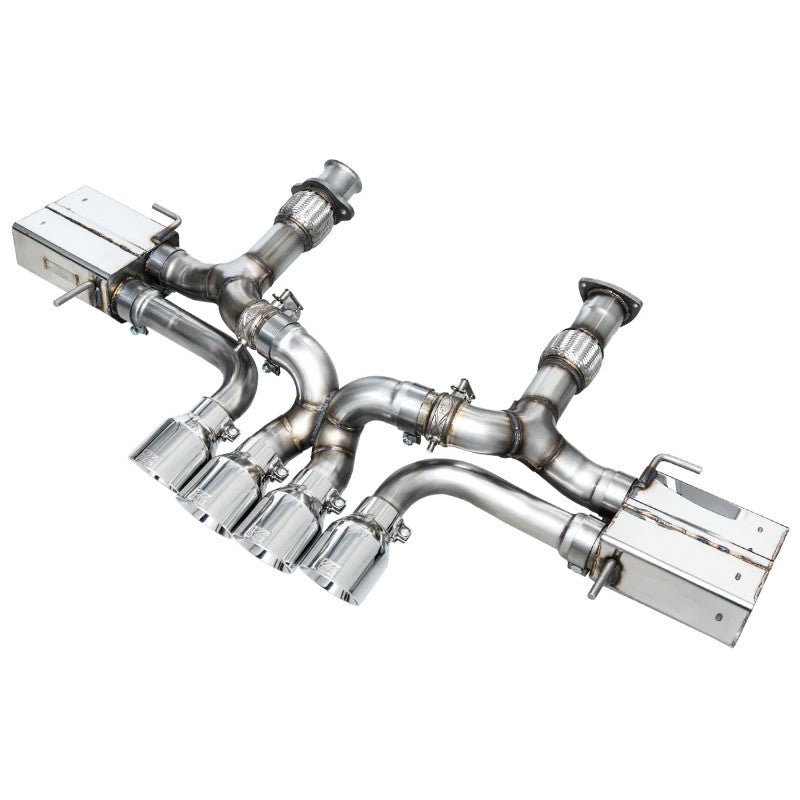 AWE SwitchPath valved exhaust system for C8 Corvette Z06 featuring T304L stainless piping and quad chrome silver tips