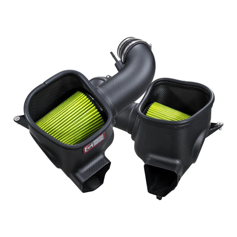 AWE S-FLO matte carbon fiber dual air intake system for 2024-2026 Ford Mustang GT and Dark Horse.
