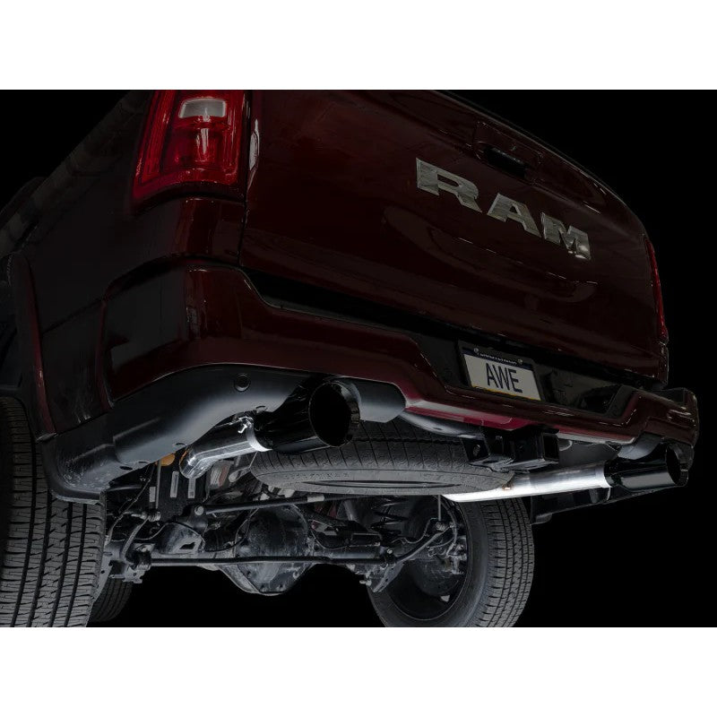 AWE 0FG cat-back exhaust system with T304L stainless steel dual 3-inch piping and 5-inch diamond black tips for 2025 Ram 1500.