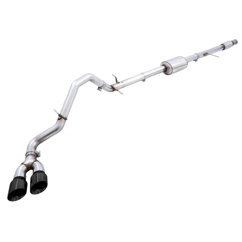 AWE 0FG Cat-Back dual side-exit exhaust system with 3-inch stainless steel piping and 5-inch Diamond Black tips.