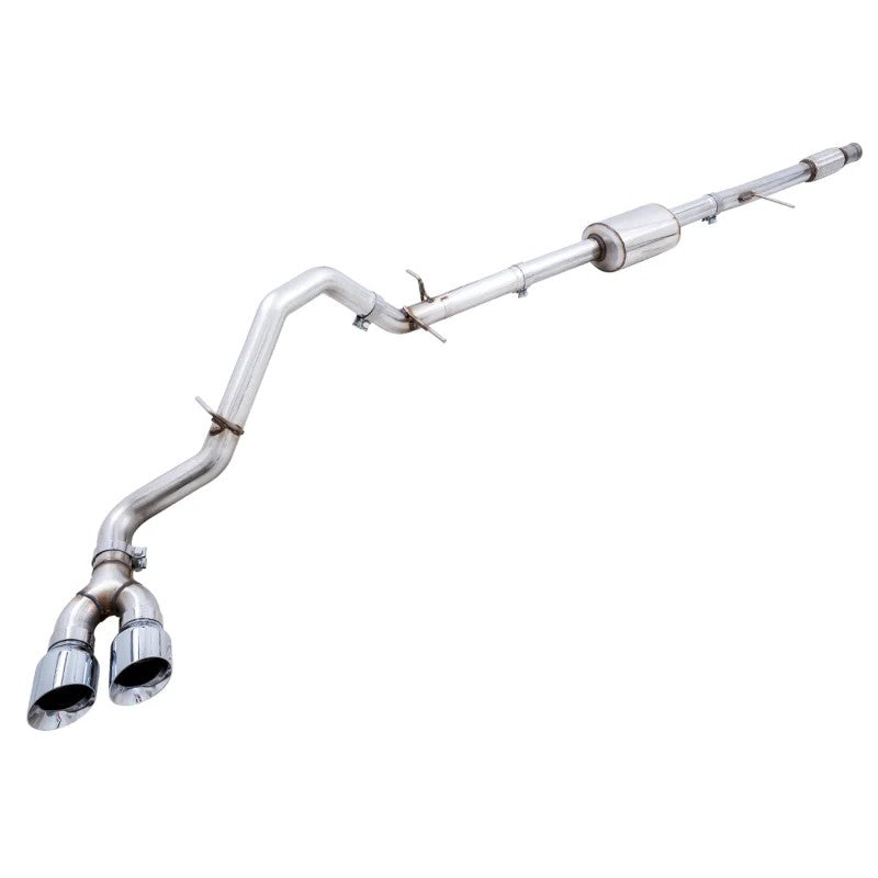AWE 0FG dual side exit cat-back exhaust system with 5-inch chrome tips and 3-inch T304L stainless steel piping.