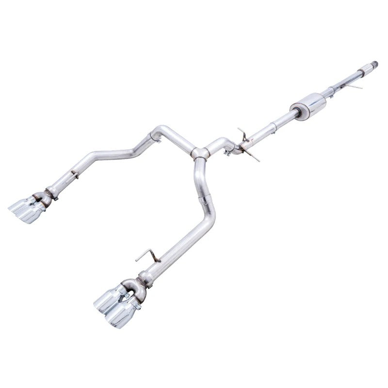 AWE 0FG Cat-Back Split Rear Exhaust with quad 4-inch chrome tips for 2019-2026 Silverado and Sierra 1500.