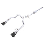 AWE 0FG 3-inch T304L stainless cat-back exhaust system featuring quad 4-inch double-walled Diamond Black tips.