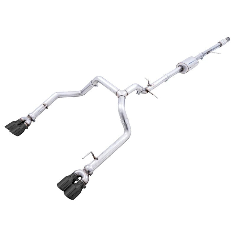 AWE 0FG 3-inch T304L stainless cat-back exhaust system featuring quad 4-inch double-walled Diamond Black tips.