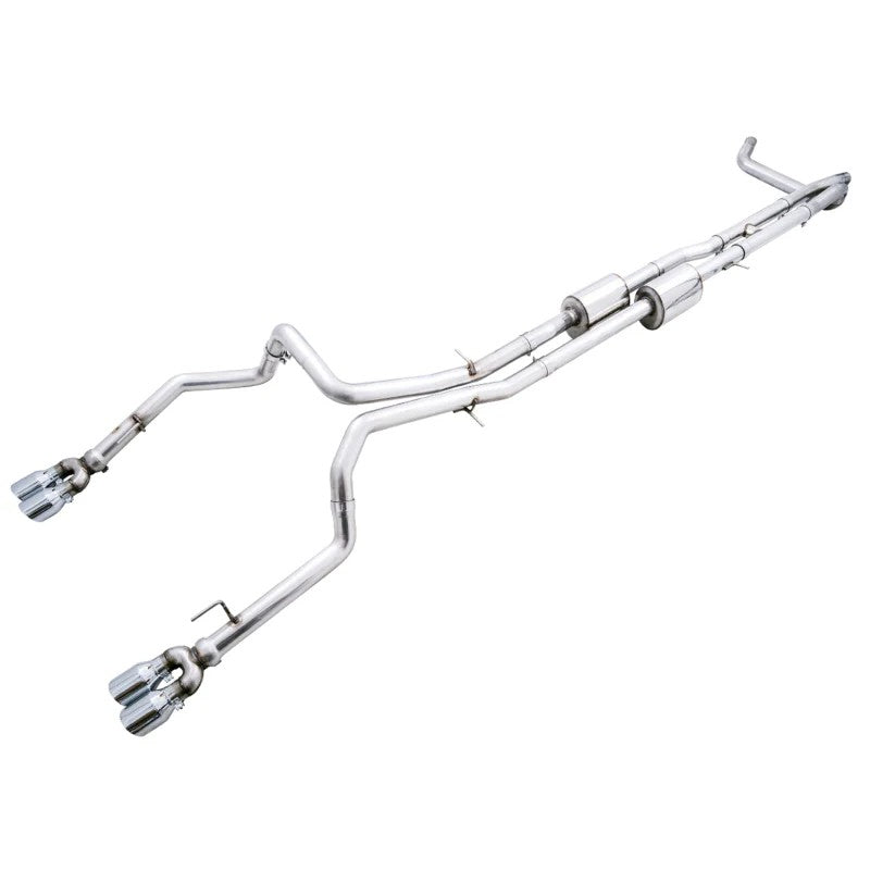 AWE 0FG Cat-Back exhaust system for GM 1500 with dual T304L piping and quad 4-inch slash-cut chrome tips.