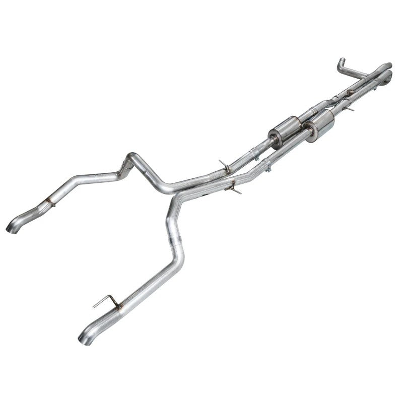 AWE 0FG Cat-Back dual 3-inch T304L stainless steel exhaust system with H-pipe for 2019-2026 GM 1500 6.2L trucks.