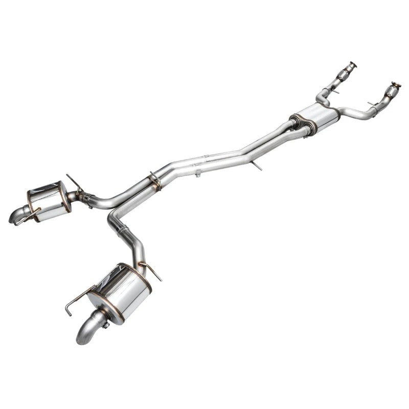 AWE Touring Edition dual 3-inch T304L stainless steel cat-back exhaust with slip-fit turn downs for Audi C8 A6 and A7.