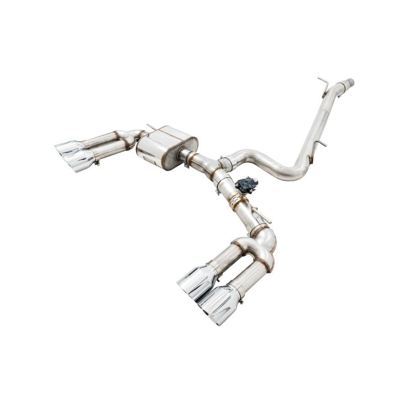 AWE SwitchPath valved exhaust system for Audi S3 featuring 102mm double-walled chrome silver tips and T304L piping.
