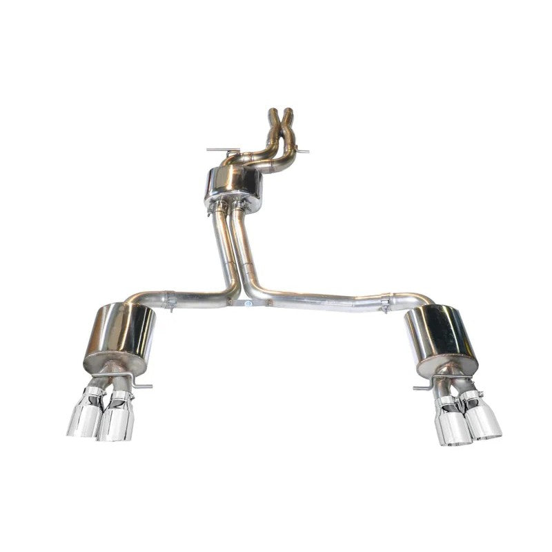 AWE Tuning Touring Edition exhaust system for Audi S4 featuring quad 102mm chrome silver tips and stainless steel piping.