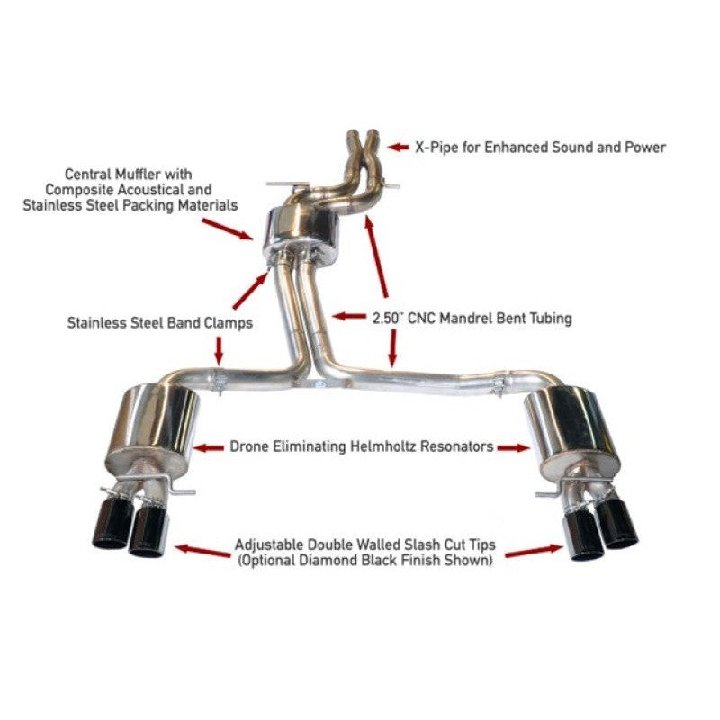 AWE Tuning Touring Edition cat-back exhaust for Audi S4 with quad 102mm diamond black tips and stainless steel piping.