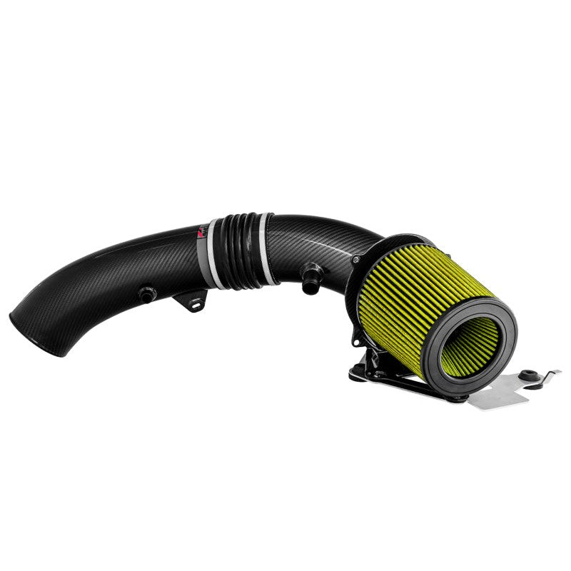 AWE Tuning S-FLO Open Carbon Fiber Intake System featuring a 4.5-inch carbon fiber tube and high-flow air filter.
