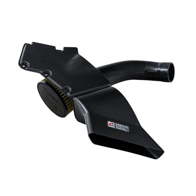 AWE S-FLO Carbon Intake kit with 2x2 twill carbon fiber cover and reinforced black silicone air tube
