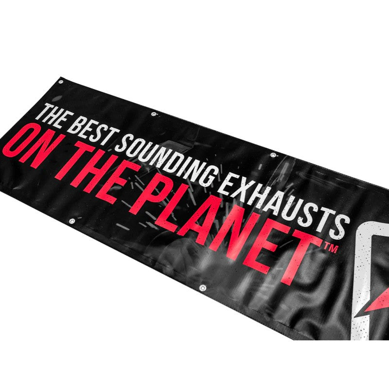 AWE Tuning seven-foot-wide garage bay banner with gloss finish and metal grommets for hanging