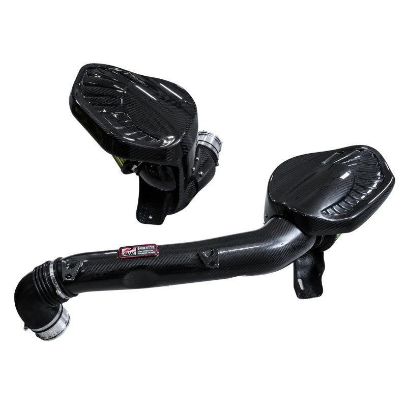 AWE S-Flo carbon fiber intake system with twin 7-inch inverted-cone filters and machined aluminum adapters