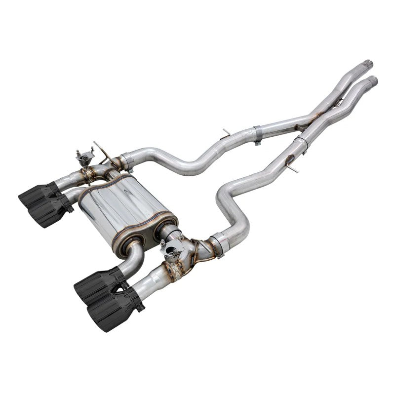 AWE SwitchPath cat-back exhaust system for BMW F8X M3 and M4 with 102mm diamond black slash-cut tips.