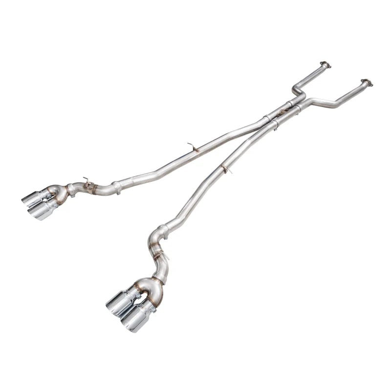 AWE Track Edition cat-back exhaust for BMW M5 G90 featuring T304L stainless piping and quad chrome silver tips.