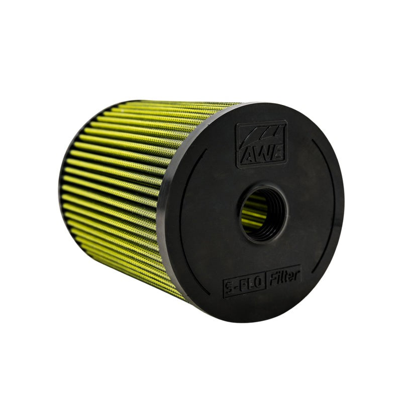Large cylindrical AWE Tuning S-FLO washable dry-element replacement air filter for Audi intake systems.