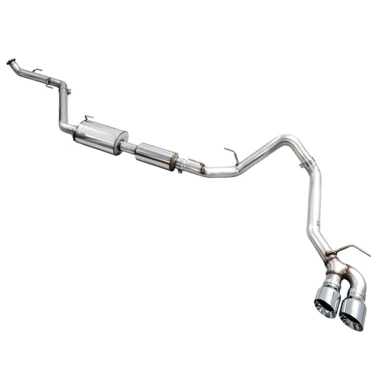 AWE T304L stainless steel cat-back exhaust system with dual 4.5-inch chrome silver tips for 2024-2026 Toyota Tacoma.