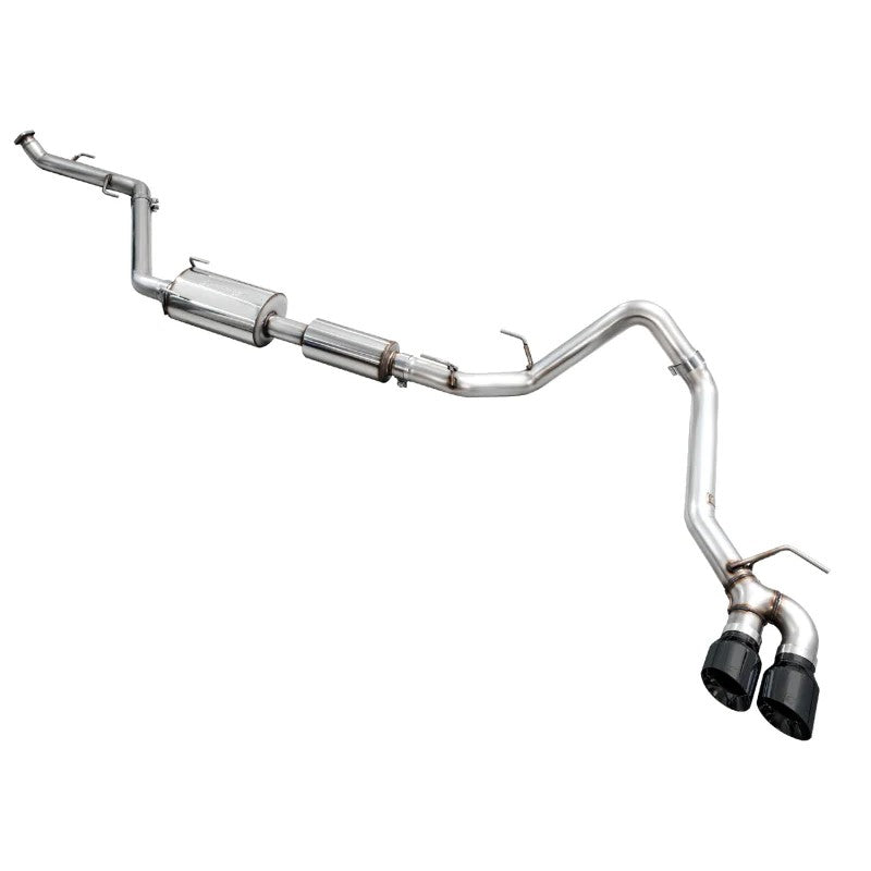 AWE cat-back exhaust system for 2024-2026 Toyota Tacoma with dual 4.5-inch slash-cut Diamond Black tips.