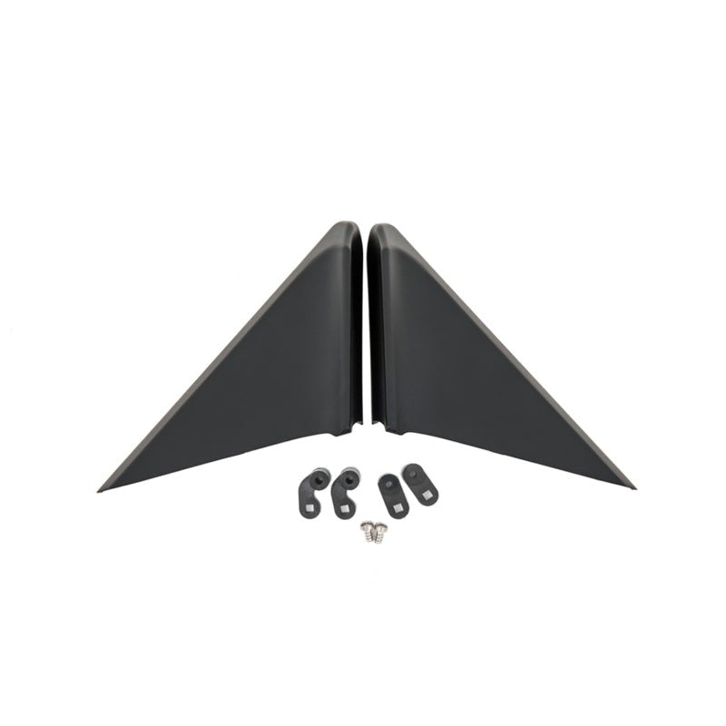 Black UV-stabilized AWE Tuning Foiler Wind Diffusers for Porsche 911, 718, and 981 window trim.