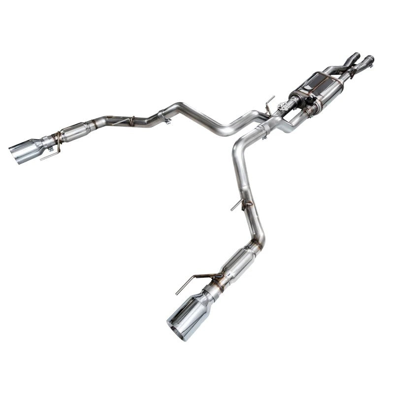 AWE SwitchPath catback exhaust system for 2021-2025 Ford Raptor featuring 5-inch double-walled chrome silver tips.