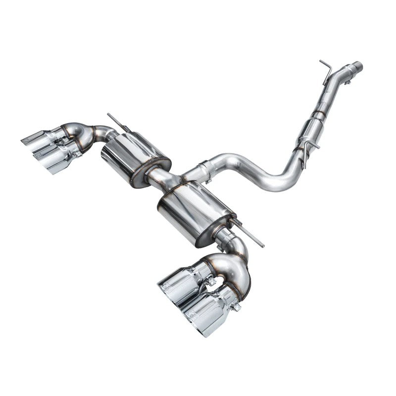 AWE Touring Edition T304L stainless steel quad exhaust for MK8 Golf R featuring 4.5-inch chrome silver tips