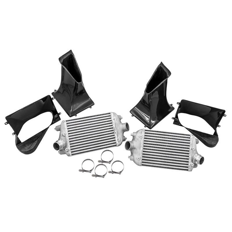 AWE ColdFront performance intercooler kit featuring bar and plate cores, carbon fiber ducts, and 6-ply silicone hoses.