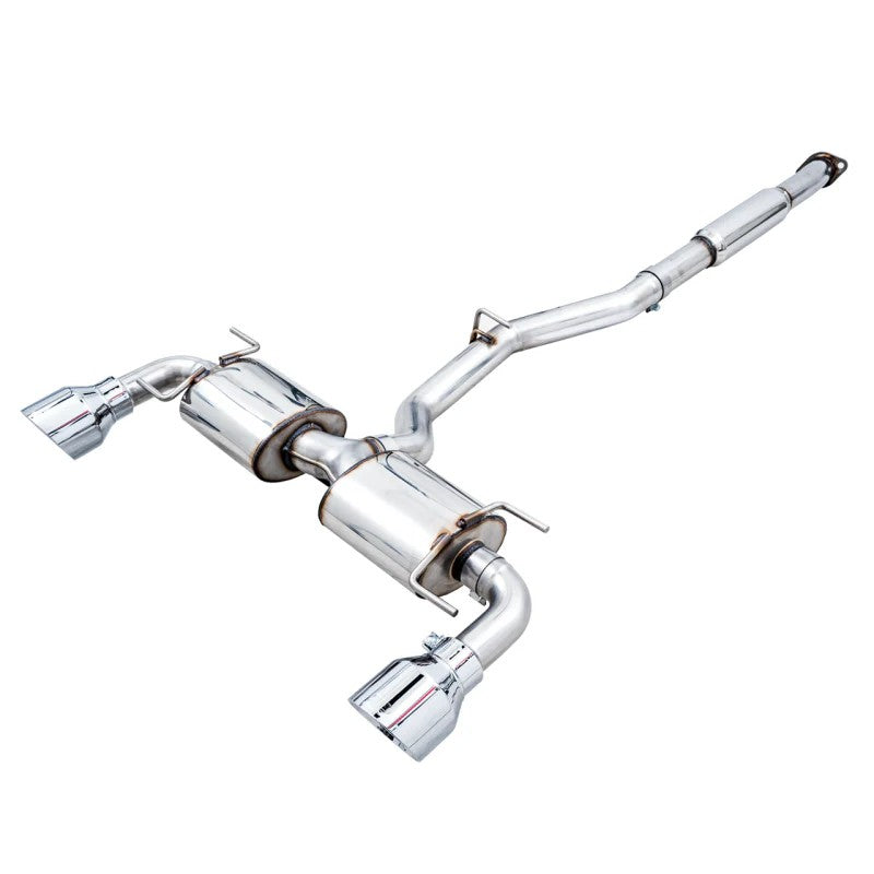 AWE Touring Edition cat-back exhaust with T304L stainless steel piping and 5-inch chrome silver tips.
