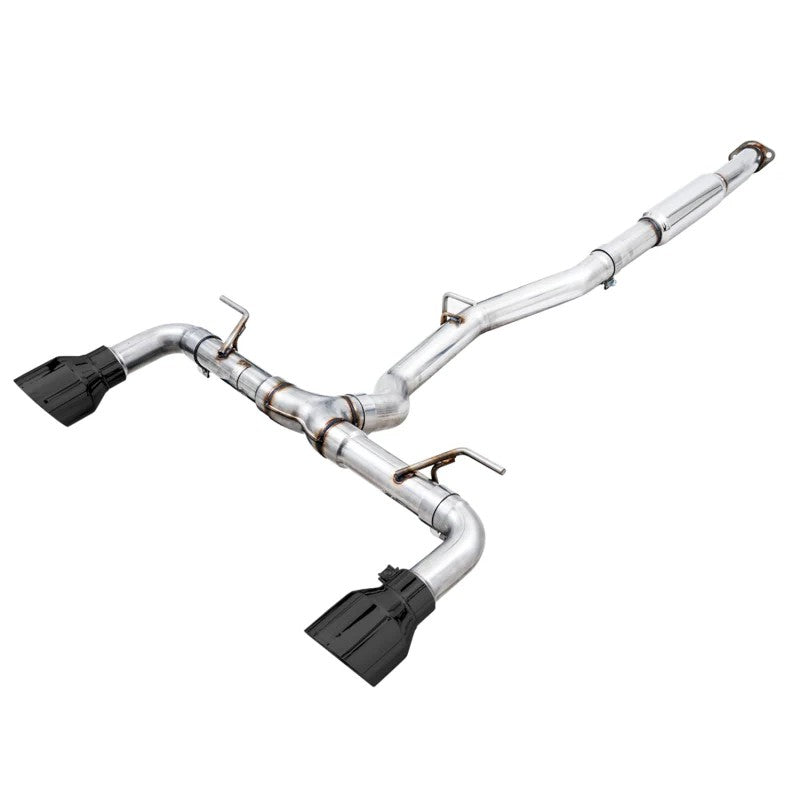 AWE Track Edition cat-back exhaust system featuring 5-inch double-walled slash-cut Diamond Black tips.