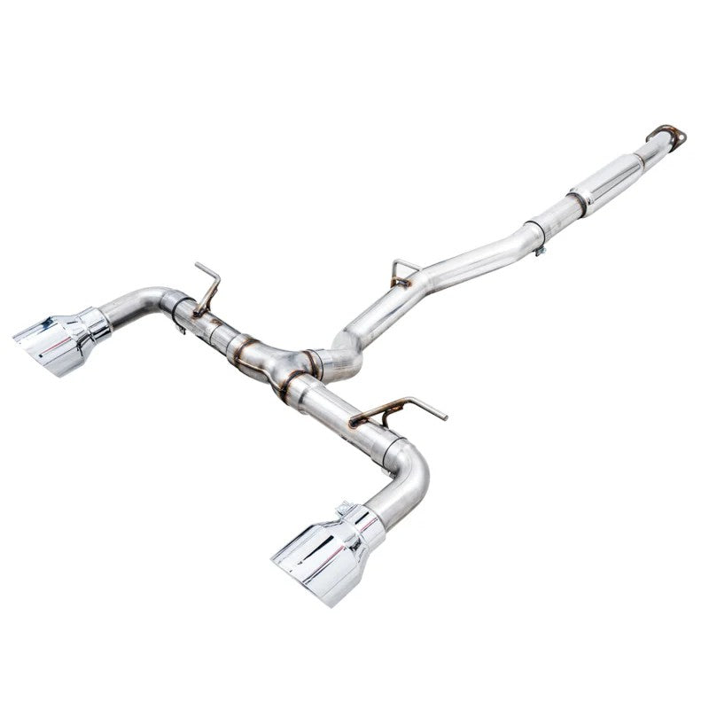 AWE Track Edition cat-back exhaust system featuring 5-inch double-walled chrome silver slash-cut tips