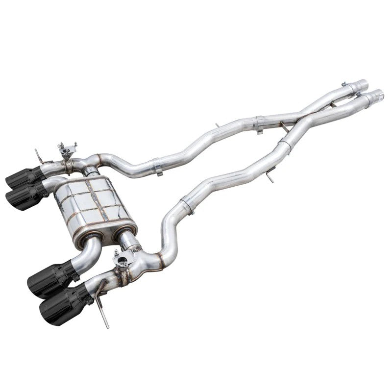 AWE SwitchPath cat-back exhaust system with quad 4.5-inch diamond black tips for BMW G80 M3 and G82 M4.