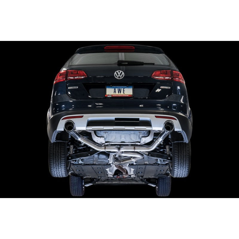 AWE Track Edition stainless steel cat-back exhaust system featuring 102mm double-walled polished silver tips.