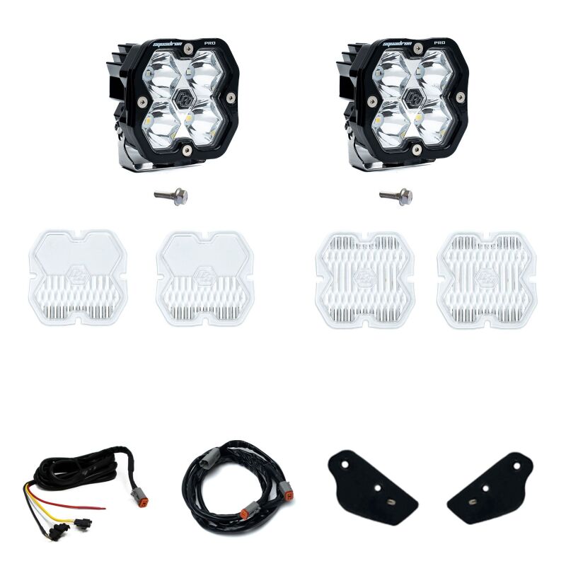 Baja Designs Squadron Pro 2.0 clear spot LED lights with black A-pillar mounting brackets for Ford Bronco.