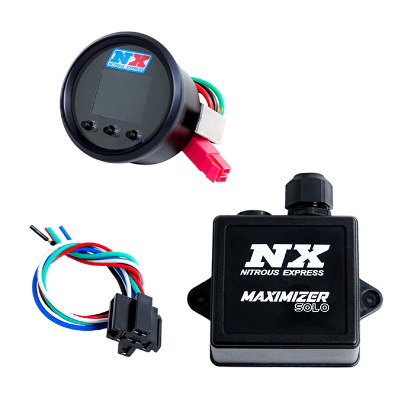 Nitrous Express Maximizer Solo 2-1/16 inch gauge-style progressive nitrous controller with wiring harness and solenoid.