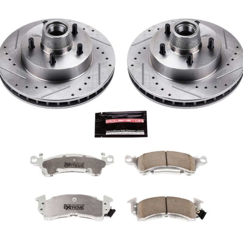 Power Stop Z26 Street Warrior front brake kit including drilled and slotted rotors, carbon-fiber ceramic pads, and hardware.