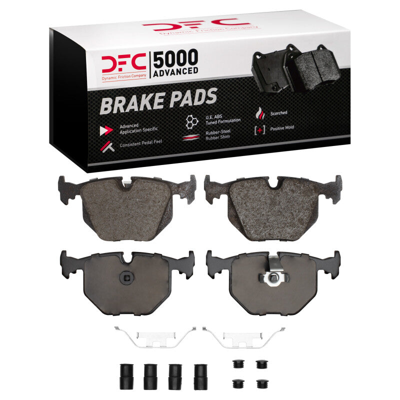 Rear DFC 5000 Advanced low metallic brake pads with anti-noise shims and stainless steel hardware clips.