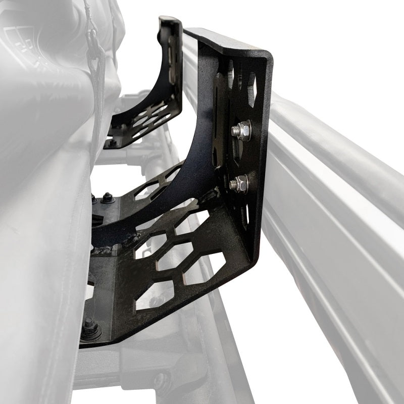 Two textured black steel awning mounting brackets with various slots for Go Rhino 4-CORE roof rack systems.