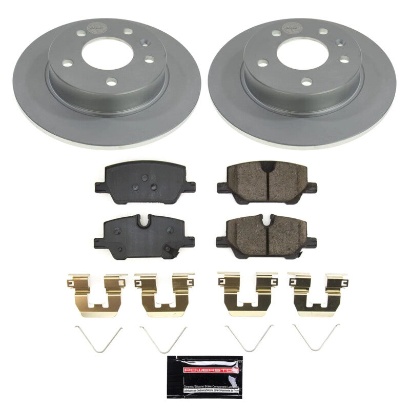 Power Stop Z17 Evolution rear brake kit with Geomet coated rotors, low-dust ceramic pads, and installation hardware.