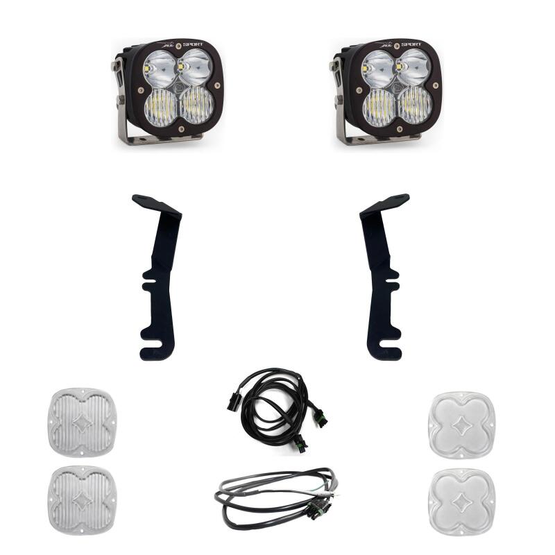 Baja Designs XL Sport LED lights with black A-pillar mounting brackets for 2019-2024 Ram 1500 trucks.