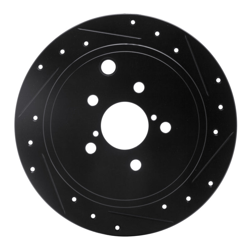R1 Concepts rear right drilled and slotted brake rotor with black anti-corrosive coating for Subaru