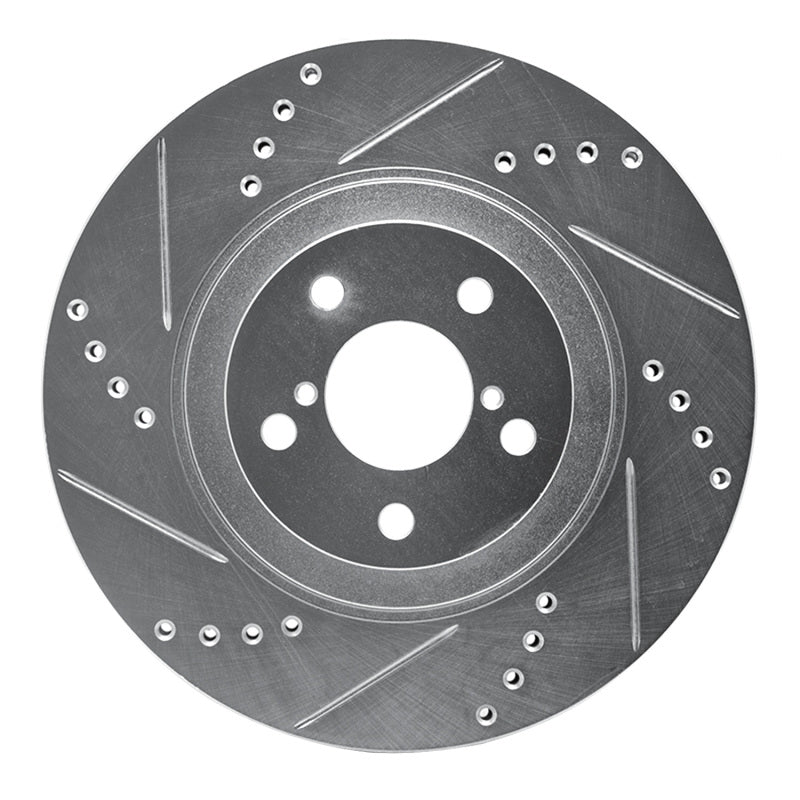 R1 Concepts front left drilled and slotted silver brake rotor featuring diamond-cut slots and cooling holes.