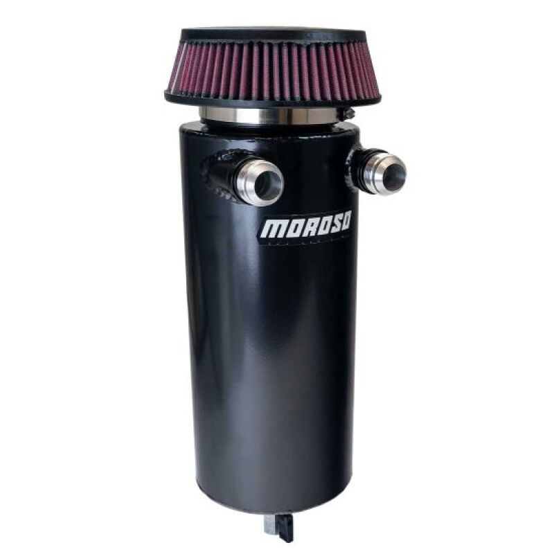 Moroso 6-inch diameter black aluminum breather tank with dual -16AN inlets and a top-mounted breather filter.