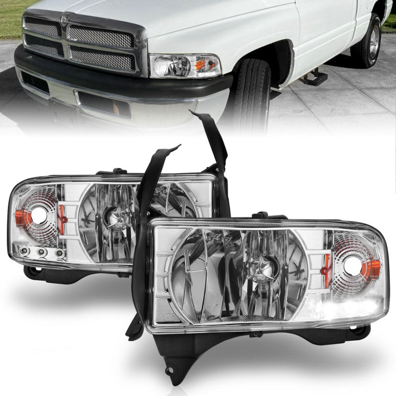 ANZO chrome housing crystal headlights with clear lenses and LED accents for 1994-2002 Dodge Ram pickups.