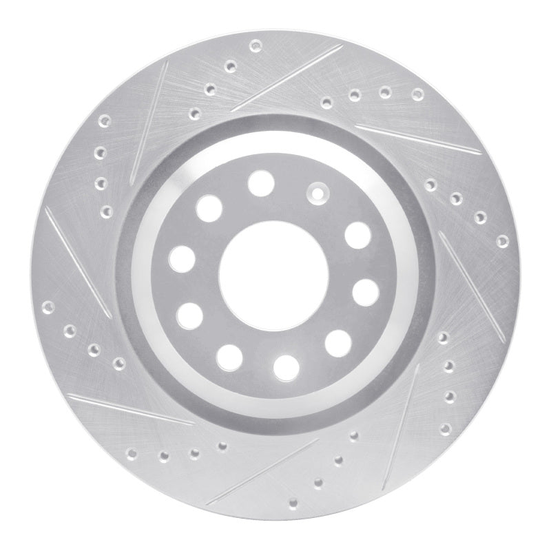 Silver zinc-plated rear left brake rotor with precision-drilled holes and machined slots for Audi and Volkswagen