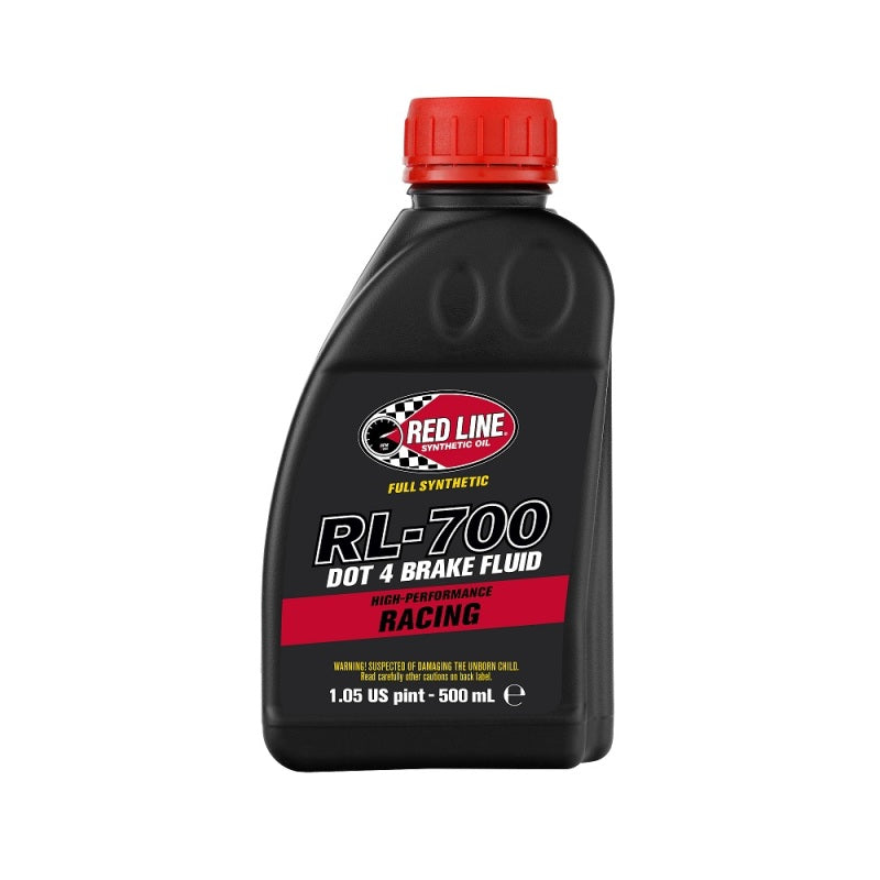 Bottle of Red Line RL-700 DOT 4 High-Performance Racing Brake Fluid