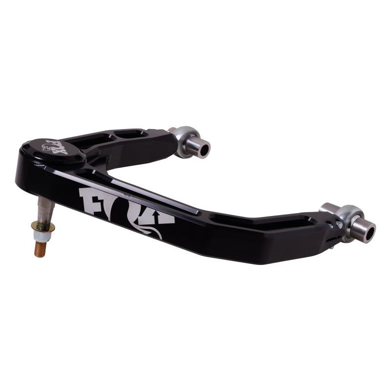 Black anodized FOX billet aluminum upper control arms for 2019-2026 GM 1500 with 1.25 inch uniballs and 12-point bolts.