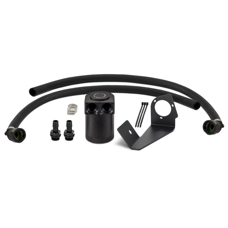 Black Mishimoto baffled oil catch can with mounting bracket and preformed hoses for 2025-2026 Ram 1500 3.0L Hurricane.