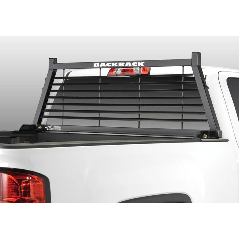 Black powder-coated steel louvered headache rack frame for 1980-2026 pickup trucks.