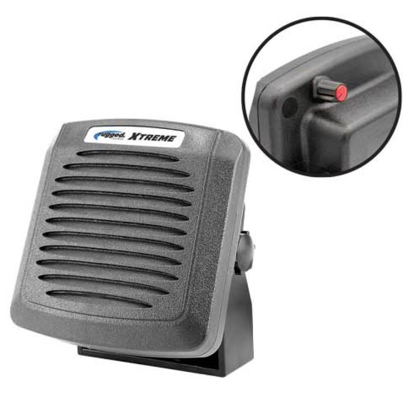 Rugged Radios XTREME waterproof external speaker with built-in 15W amplifier and front-mounted volume control knobs.